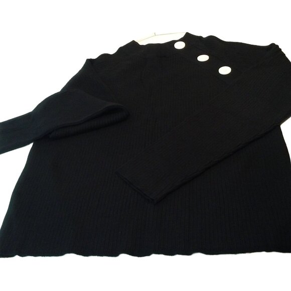 Vintage 80s dressbarn Ribbed Knit Sweater Lady-L Mockneck Faux-Buttons LSL Black - Picture 7 of 10